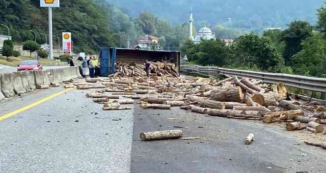 D-650'de tomruk yüklü tır devrildi, trafik durma noktasına geldi